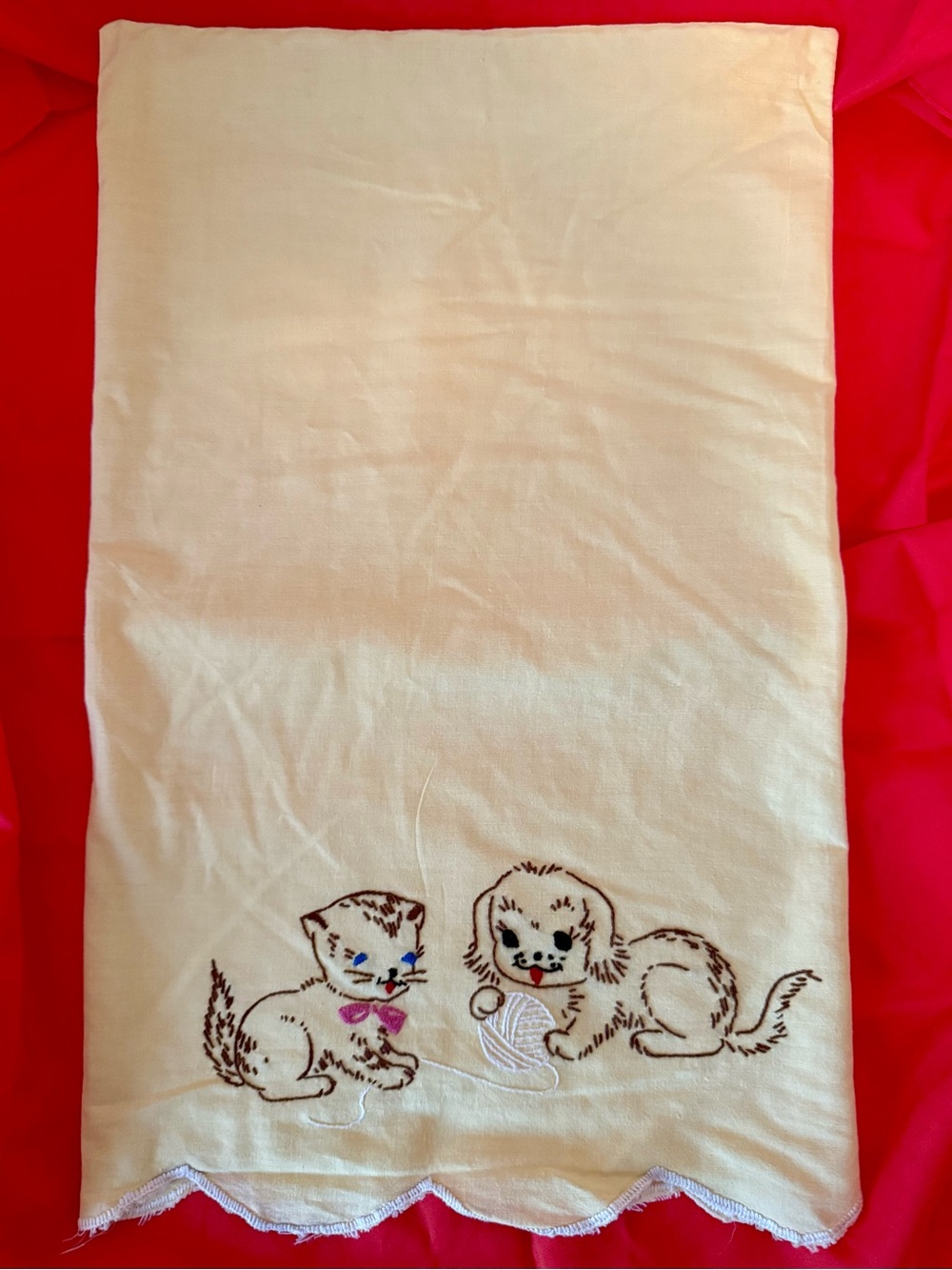 Vintage Cotton Small Pillowcase Embroidered with Kitten and Puppy Design